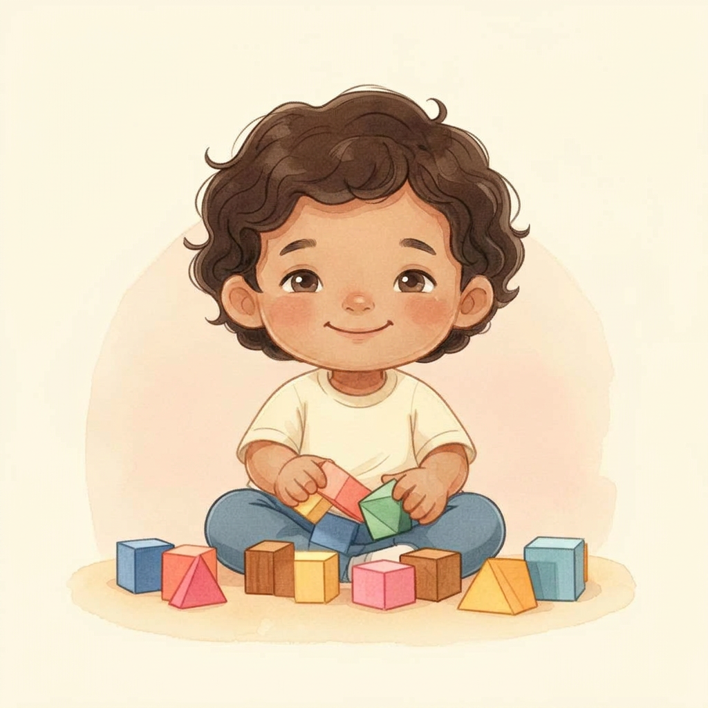 Smiling child playing with colorful blocks during a speech therapy session